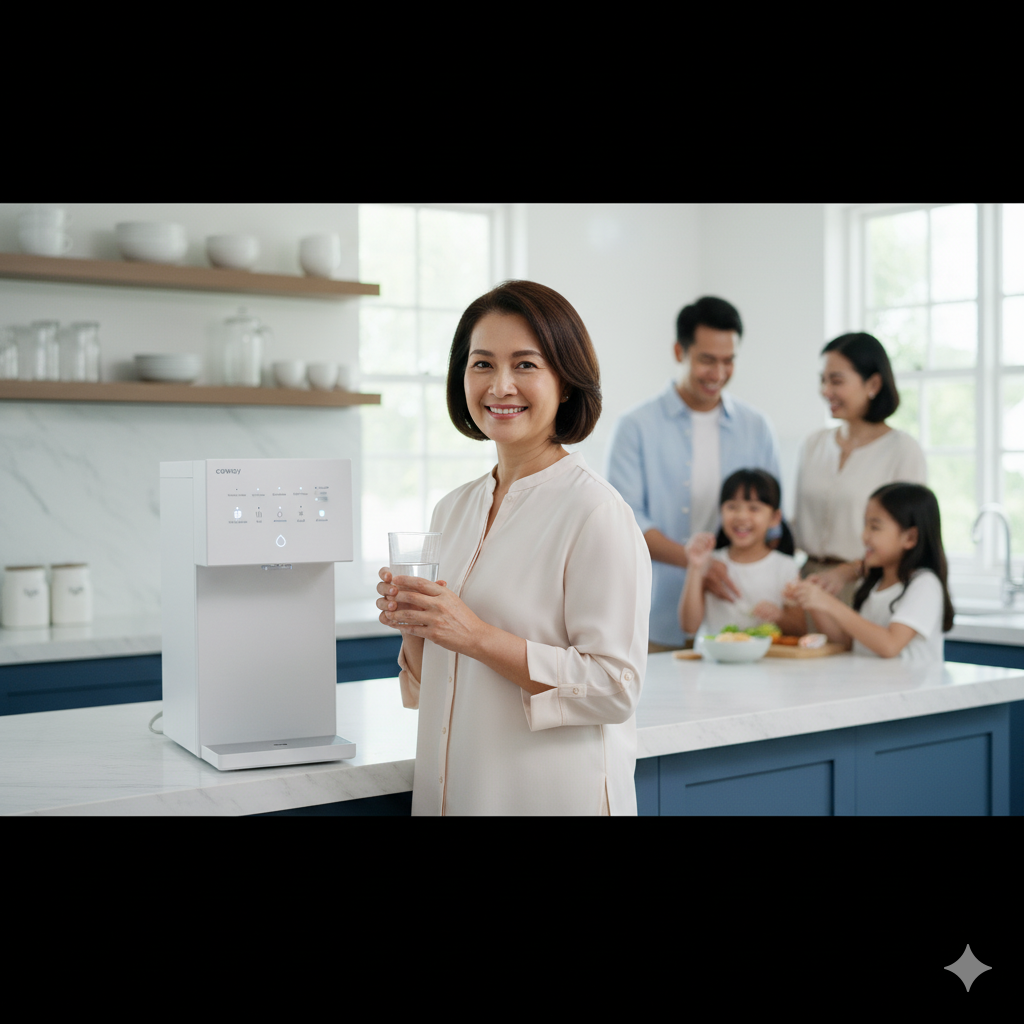 Keluarga bahagia bersama penapis air Coway di dapur