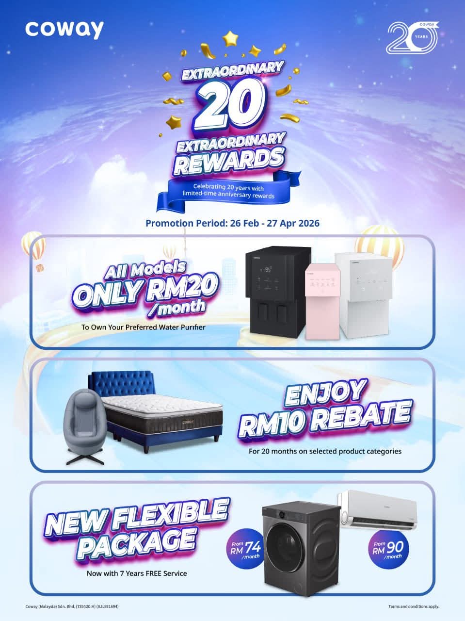 Coway 20th Anniversary — All Models RM20/month, Promotion 26 Feb – 27 Apr 2026